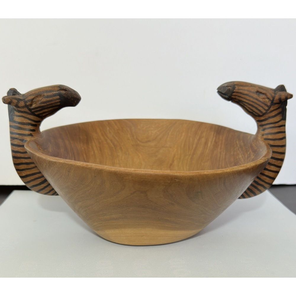 Vintage Carved Zebra Head Burl Wood‎ Bowl Wooden Fruit 8" Bowl Centerpiece